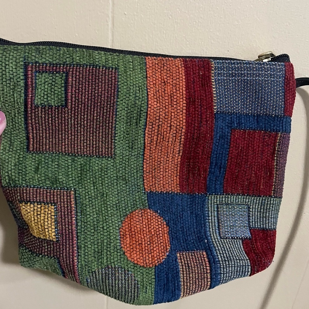 Vintage 90s Corduroy Multicolor Patchwork Adjustable Strap Small Purse - Picture 2 of 3